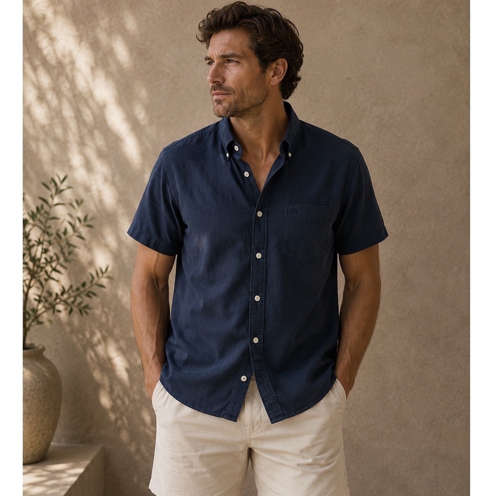 NN07 Sixten SS 5677 Button Down Mens Small Navy Blue Short Sleeve Cotton Shirt